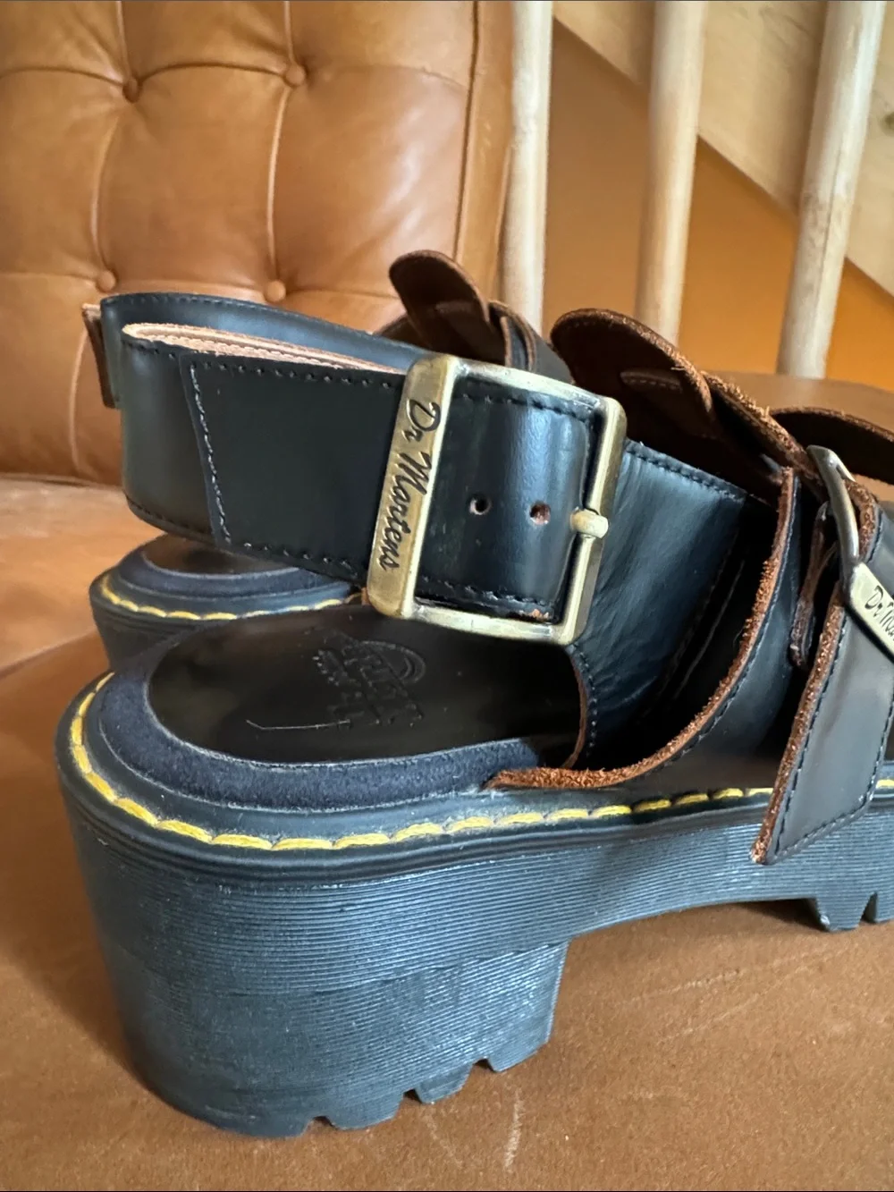 Dr. Martens Ariel Vintage Smooth Black Leather Buckle Platform Sandals